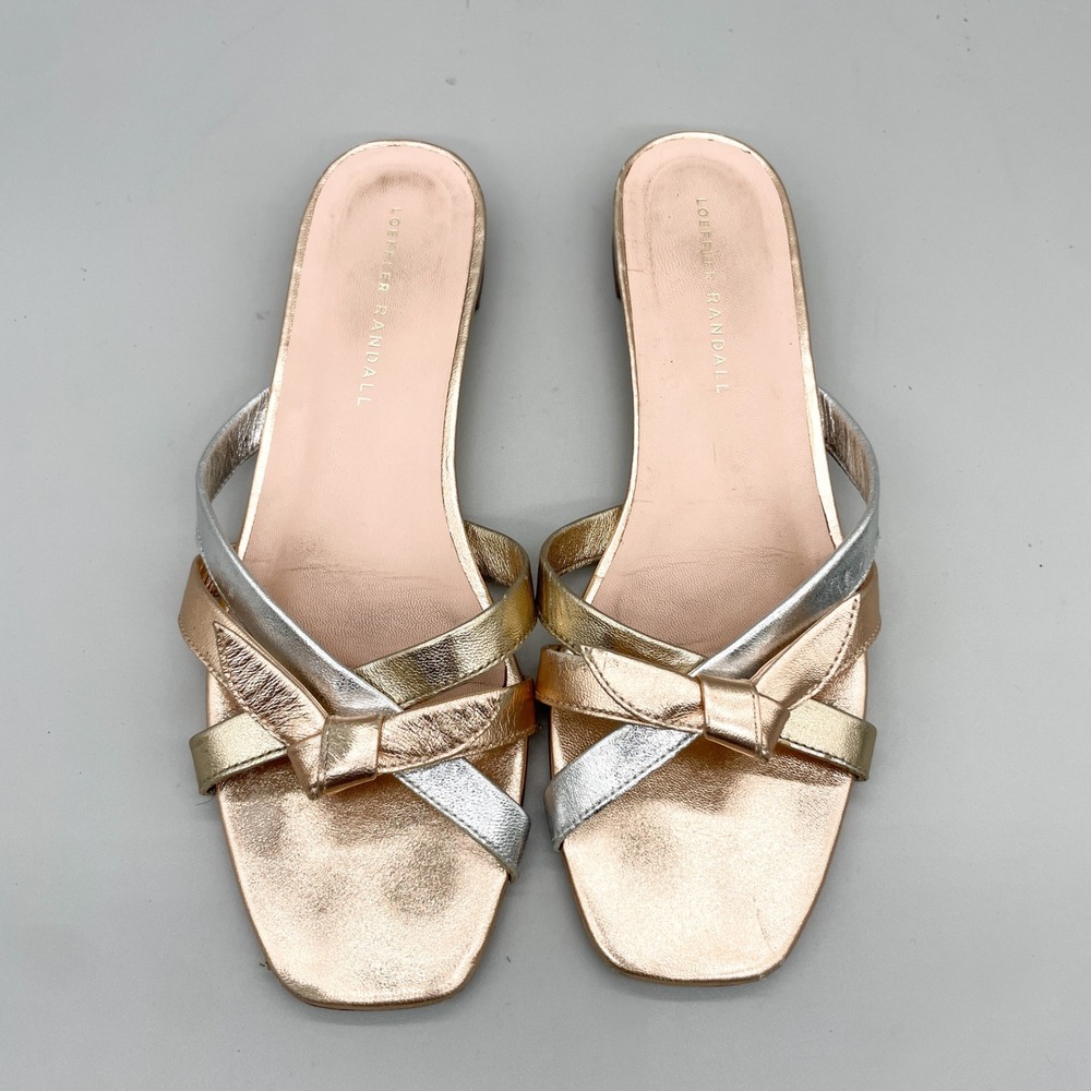 Loeffler Randall Womens 7.5 B Eveline Knot Bow Slide Sandals Metallic Leather